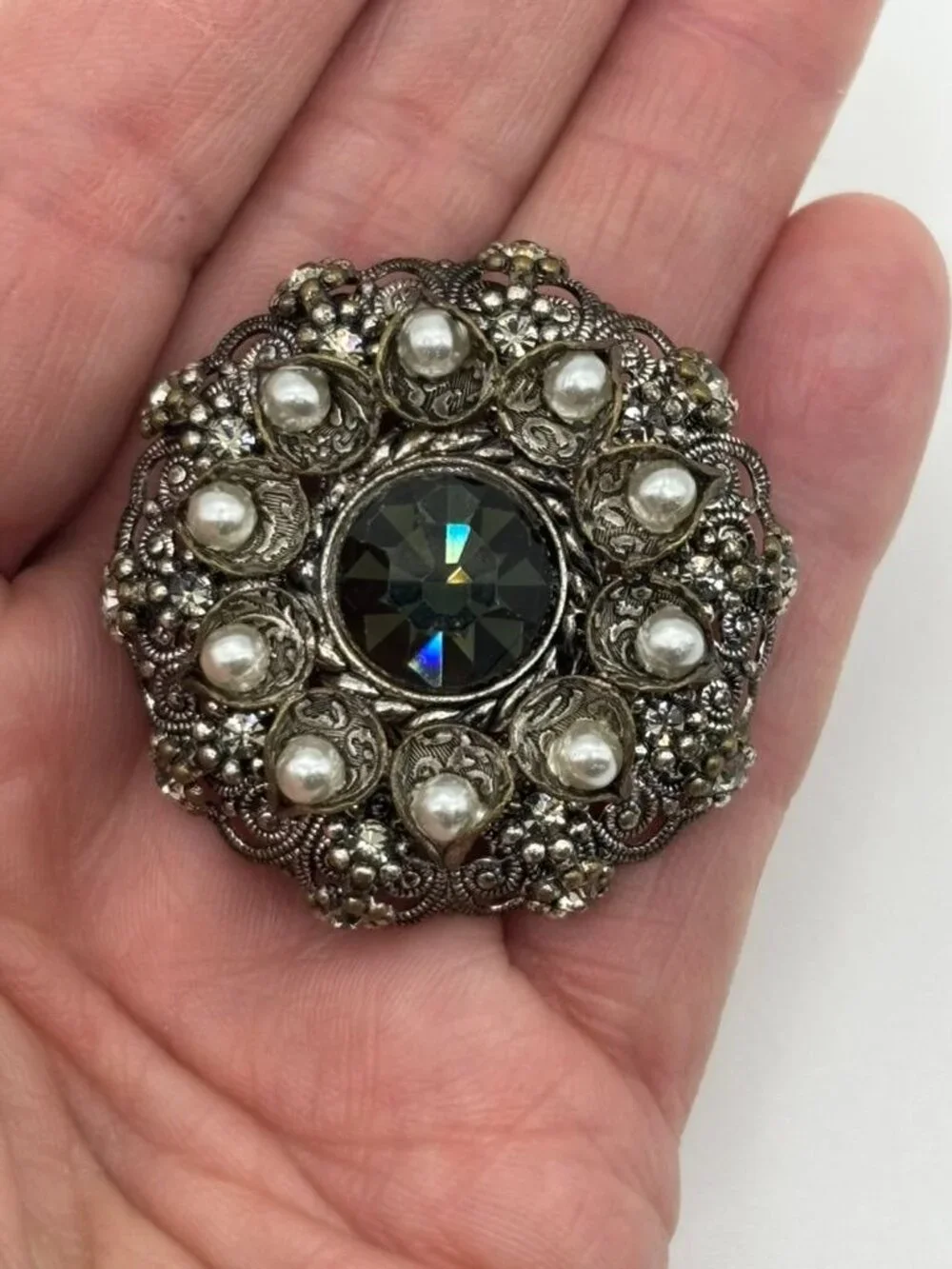 Vintage West Germany High Dome Brooch W/Crystal Faux Pearls Filigree Silver-Tone